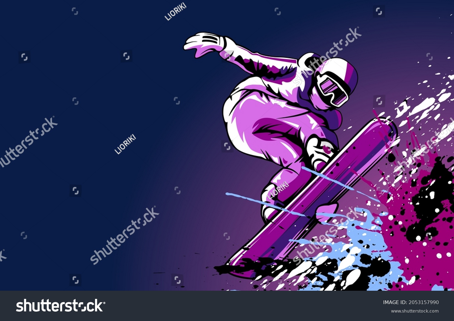 Snowboarder in action vector illustration. Extreme winter sports. Snowboarding emblem. Sport club logo. Snowboarding equipment.