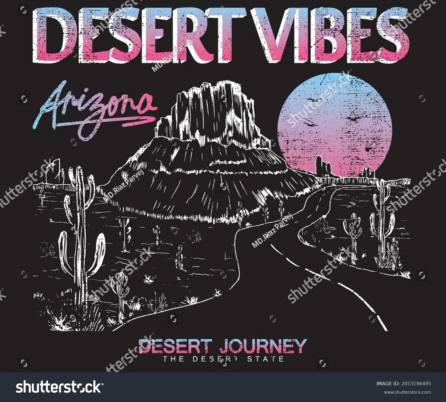 Dessert tour sunrise t shirt graphic design. cactus black and white design. Road trip vector artwork for apparel  sticker  poster and others. 
