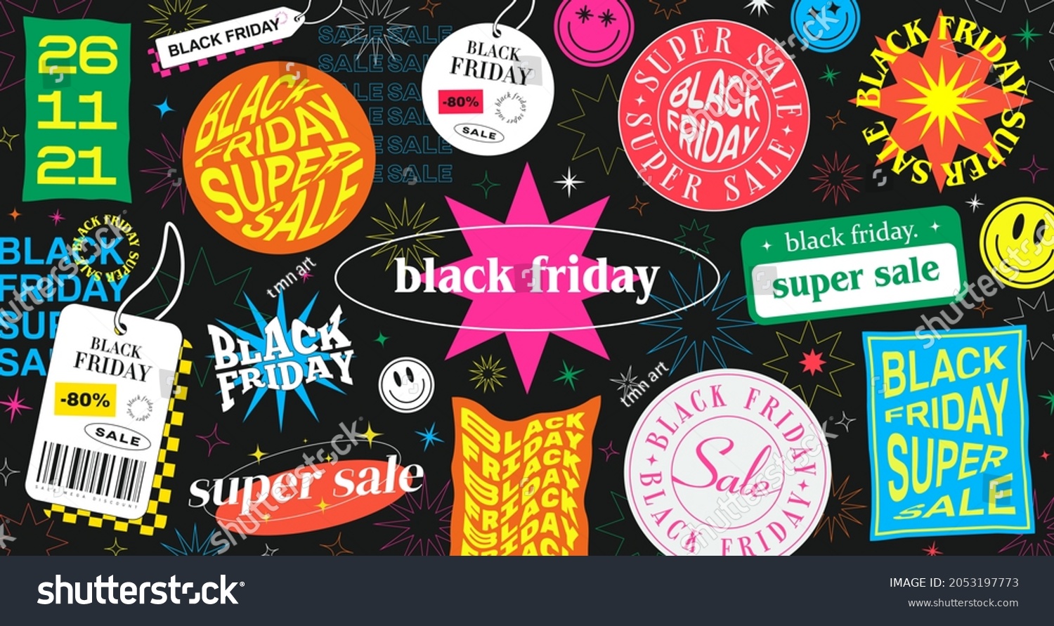 Abstract Trendy Black Friday Cool Illustration with Promo Stickers. Modern Colorful Background with Shapes and Labels Vector Design.