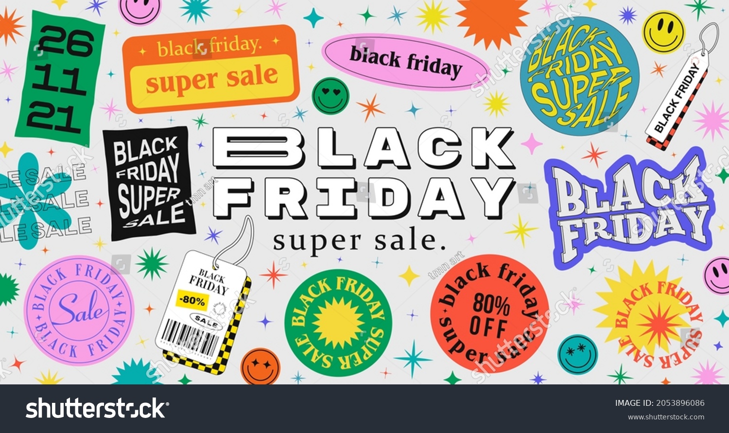 Trendy Black Friday Super Sale Illustration with Cool Stickers.