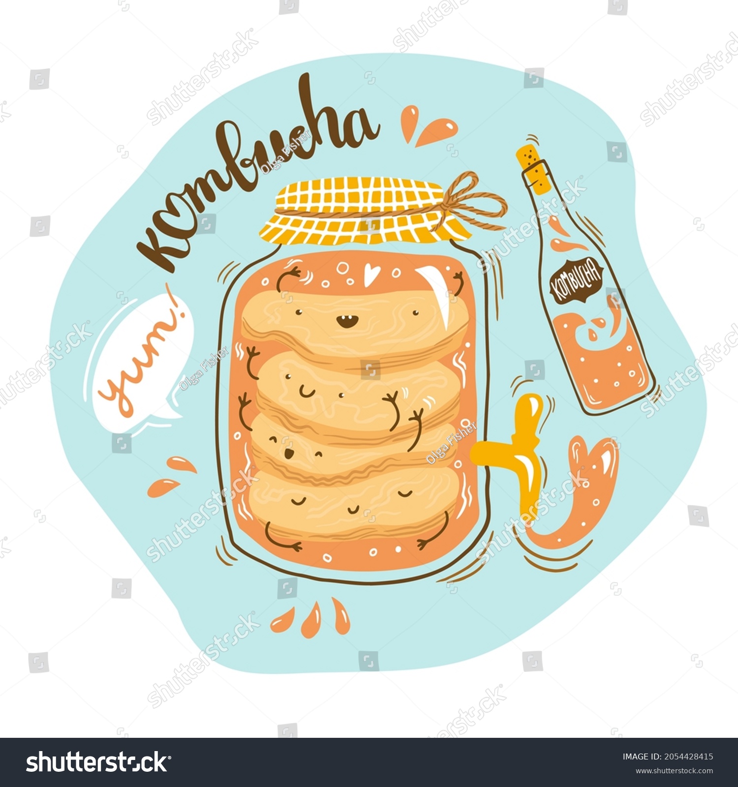 Kombucha Tea Brewery natural healthy drink label illustration. Cute cartoon scoby and lettering. Hand drawn vector design for poster  print  restaurant menu  packaging. 