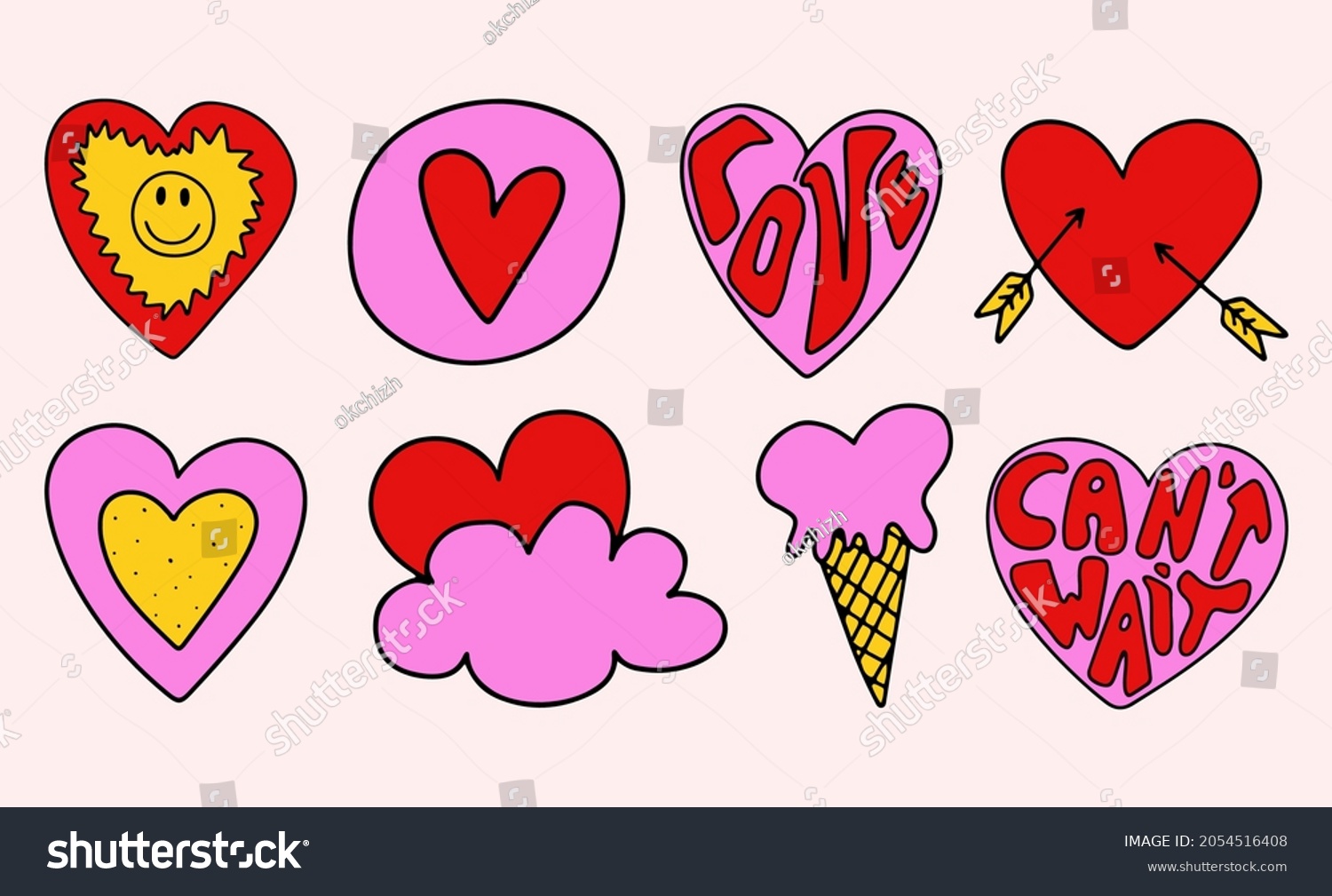 vector set vibrant psychedelic valentines. Hippie collection for valentine's day. Punk rock style 70s and 80s. Stories social media stickers. Heart shapes in funky and groovy style