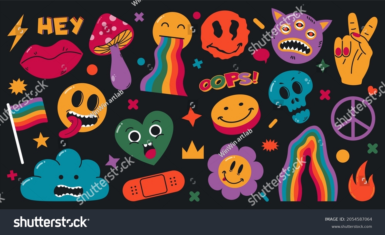 Cartoon abstract groovy comic funny emoji characters. Cute comic doodle stickers  trendy retro elements vector illustration set. Hallucination weird shapes. Psychedelic sticker  surreal cartoon