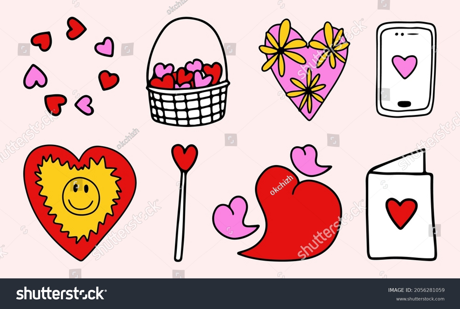 set of vector stickers crazy valentines day.Phone  card  flowers  hearts in the style of psychedelic hippies. Groovy funky stickers for social media stories. Hand drawn 80s.Postcard elements