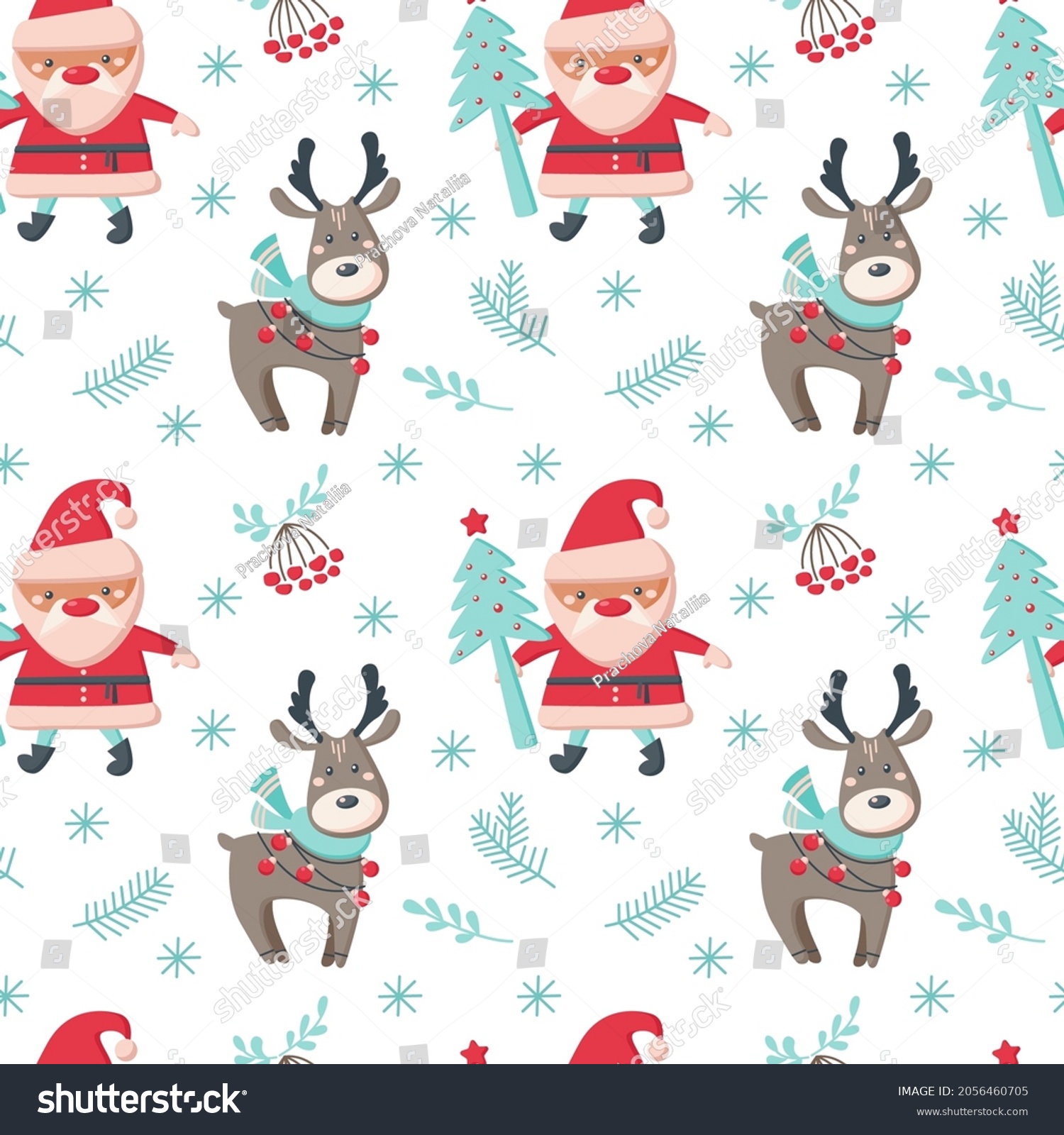 Christmas seamless pattern with deer  Santa Claus  tree  branch  snowflakes isolated on white background. Vector flat illustration. Design for backdrop  wrapping  wallpaper  textile  packaging