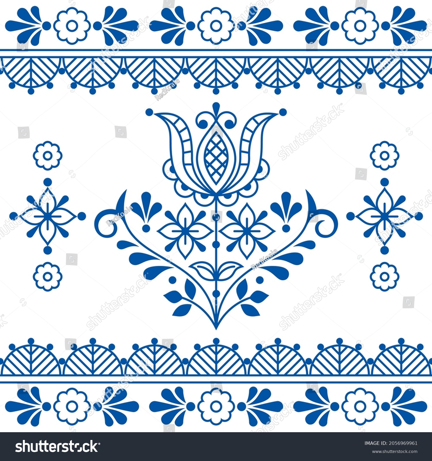 Floral folk outline vector seamless pattern with flowers and frame  greeting card  textile or fabric print design with flowers inspired by lace and embroidery Scandinavian art. Traditional retro  art