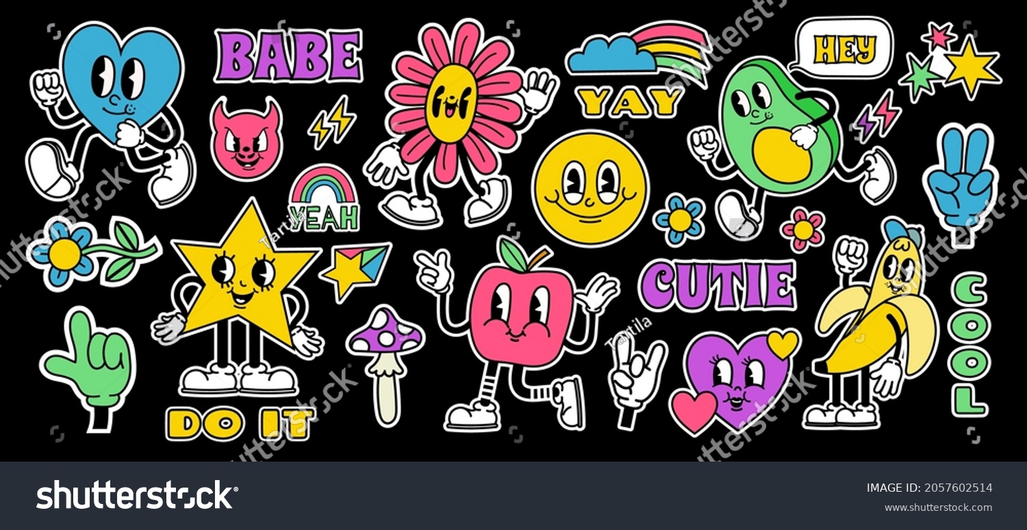 Retro cartoon stickers with funny comic characters and gloved hands. Contemporary abstract shape  banana  star and mushroom badge vector set. Happy avocado  heart and apple with legs in boots