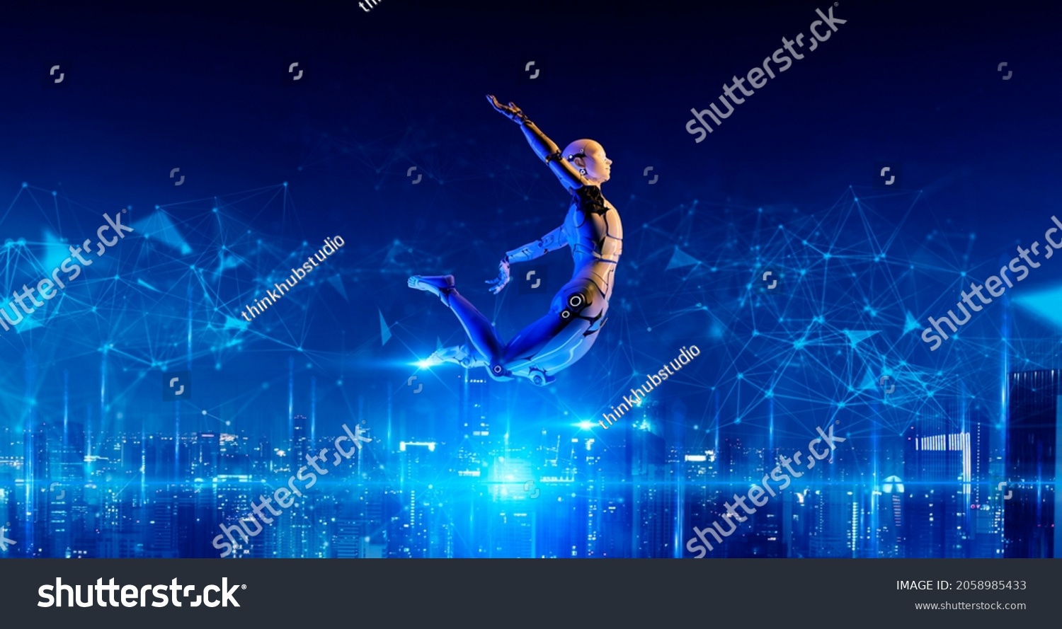 Jumping 3D humanoid robot metaverse smart city digital world background AI artificial intelligence automated digital technology concept