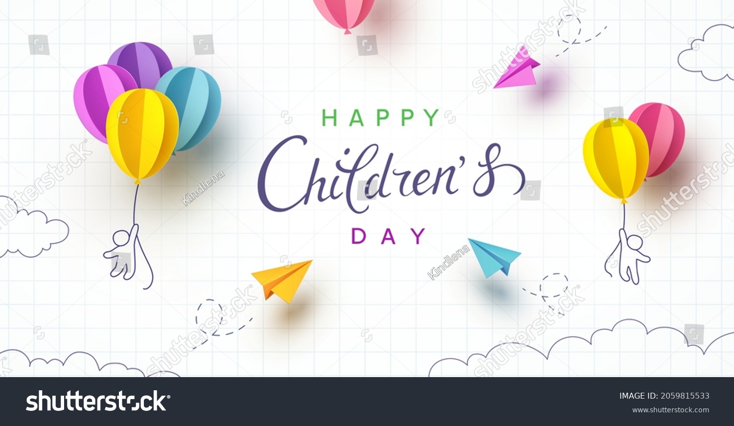 Children's Day with flying colorful 3d paper balloons and airplanes on school notebook background. Vector doodle cartoon kids  planes  ballons poster template