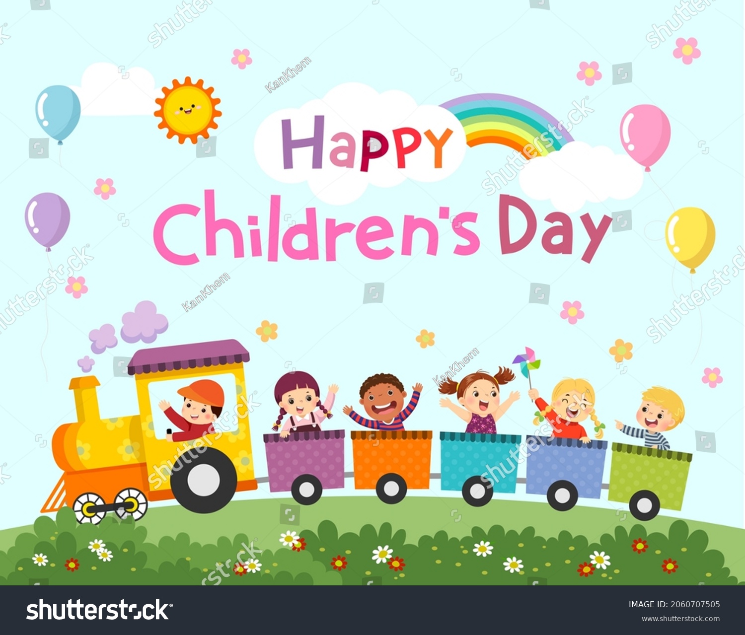 Happy Children’s Day vector background with happy kids on the train.