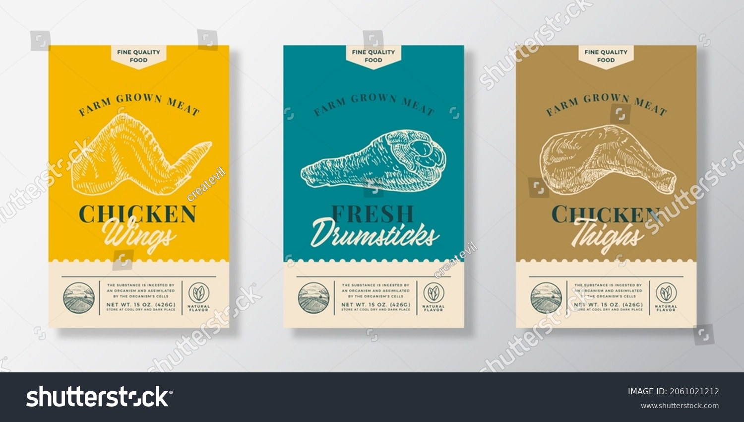 Poultry Abstract Vector Packaging Labels Design Set. Modern Typography Banner  Hand Drawn Chicken Wing  Drumstick Leg and Thigh Sketch Silhouettes. Color Paper Background Layouts Collection. Isolated.