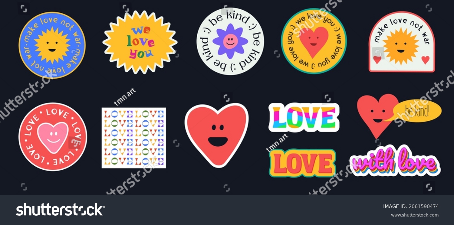 Set of Cute Stickers  Pinks  Patches and Labels. Cool Trendy Abstract Funny Comic Faces. Love lettering. 