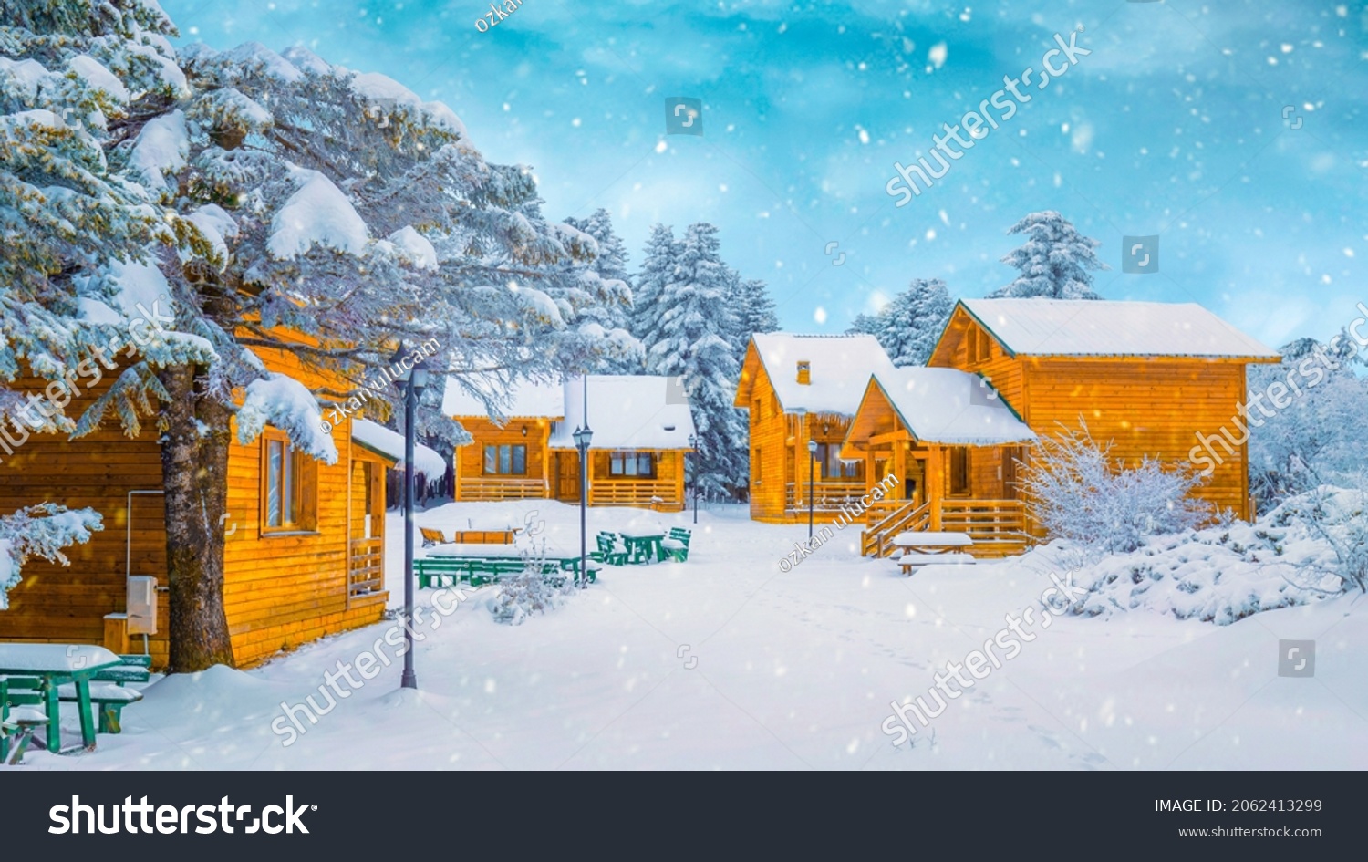 Snow landscape in winter. View of snowfall in residential area. Sensationally beautiful snowy winter landscape. snowy landscape for christmas holidays from europe. Uludag mountain national park  Bursa