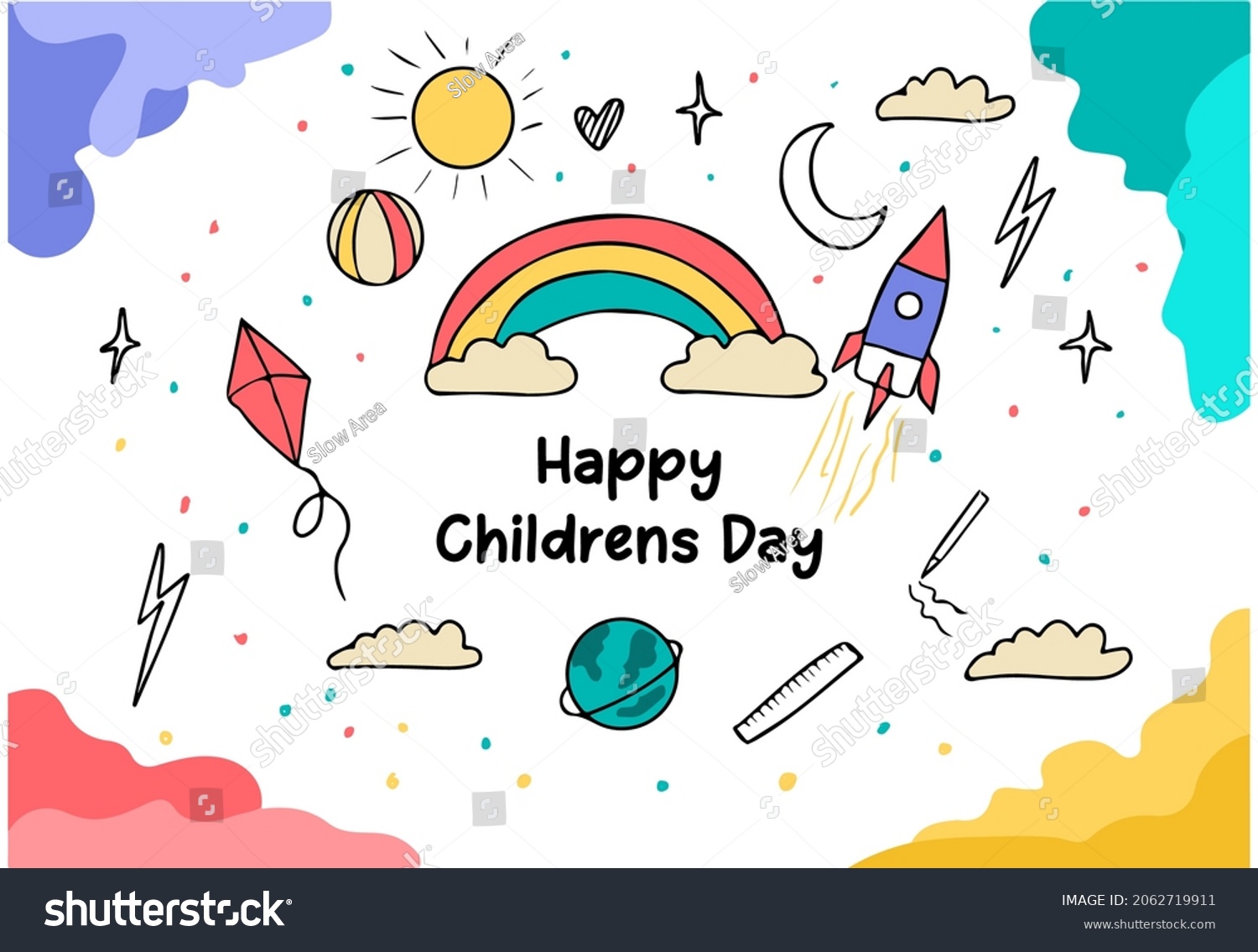 vector illustration hand drawn flat design children's day with rocket  rainbow  kite  earth  pencil  and clouds