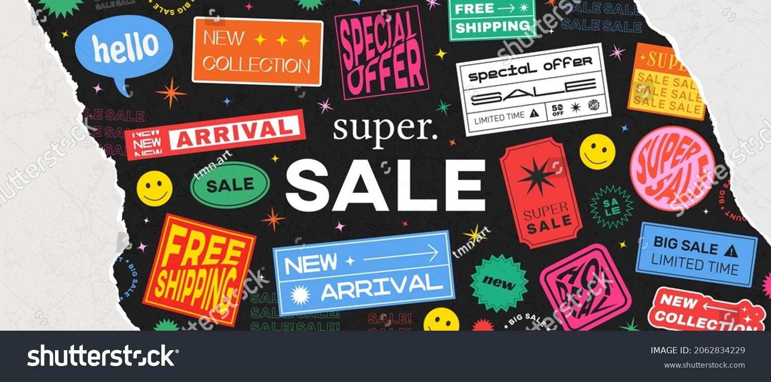 Cool Trendy Sale Banner Vector Design. Hipster background with promo label stickers. Torn Page Effect.