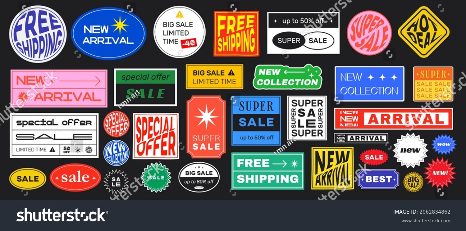 Set of Sale Stickers Retro Design. Cool Trendy Discount labels. Vector Special Offer Badges.