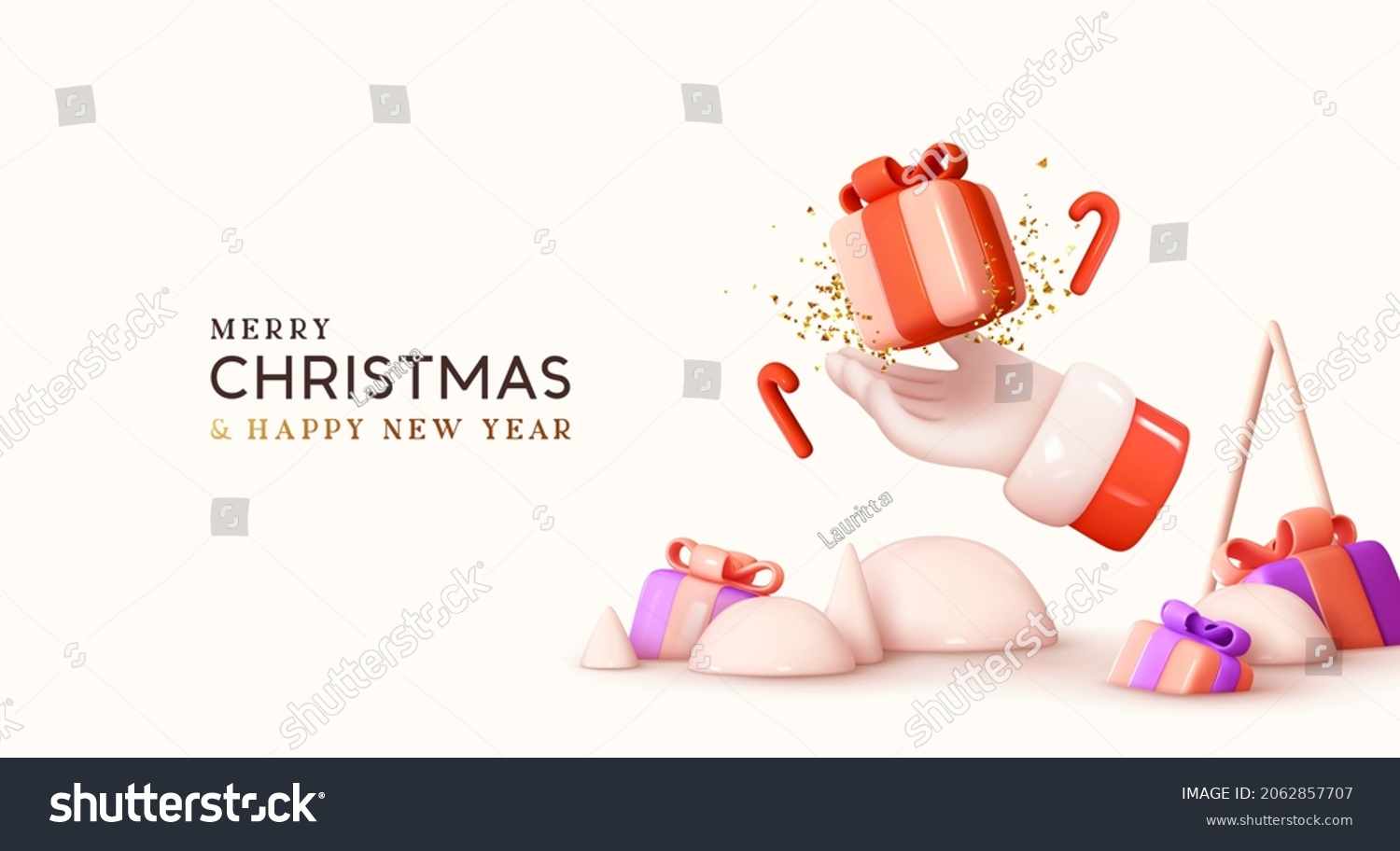 Merry Christmas and Happy New Year. Abstract Realistic 3d design  hand of Santa Claus in palm holding gift box  and candy cane falling. Xmas holiday banner  Advertising Web poster. Vector illustration