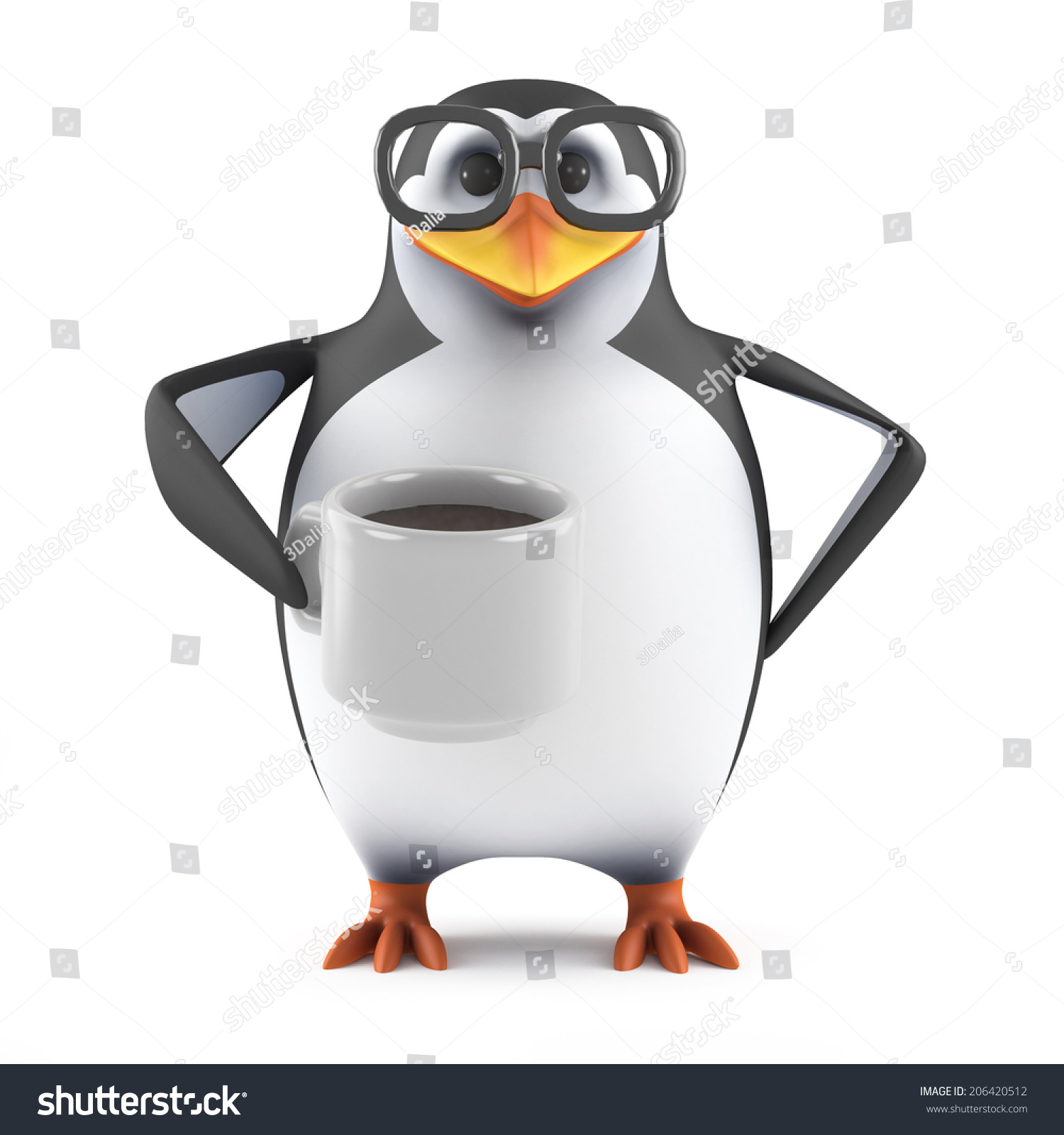 3d render of a penguin drinking a cup of coffee