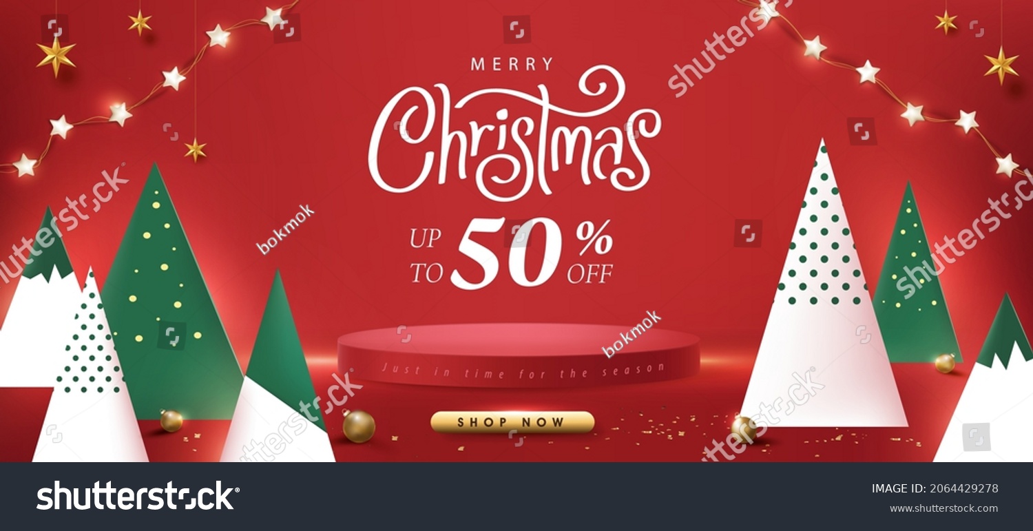 圣诞快乐促销促销海报横幅带有产品展示圆柱形形状和圣诞树剪切样式