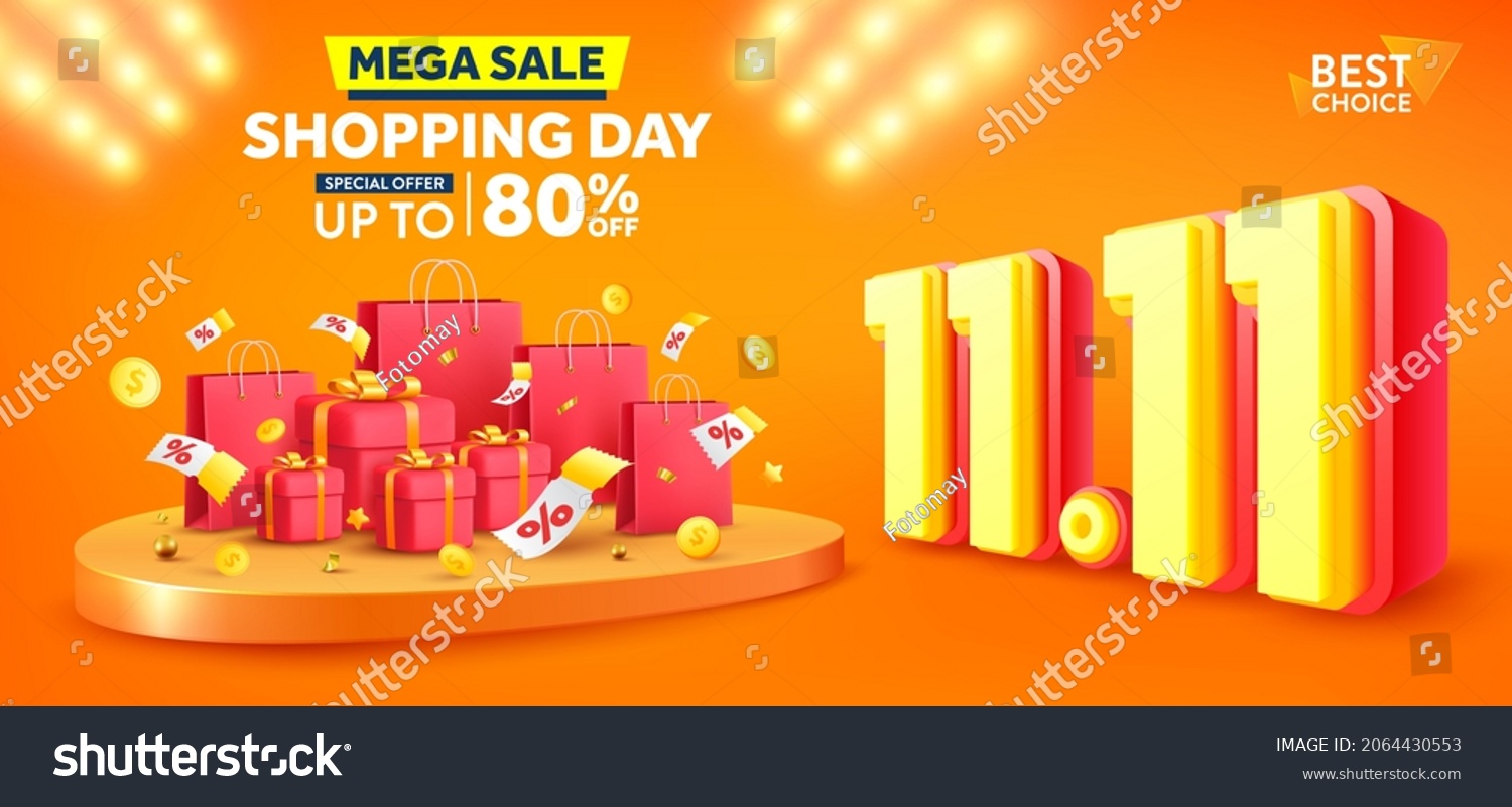 Vector of 11.11 Shopping day Poster or banner with gift box and shopping bag.11 november sales banner template design for social media and website. Vector illustration eps 10