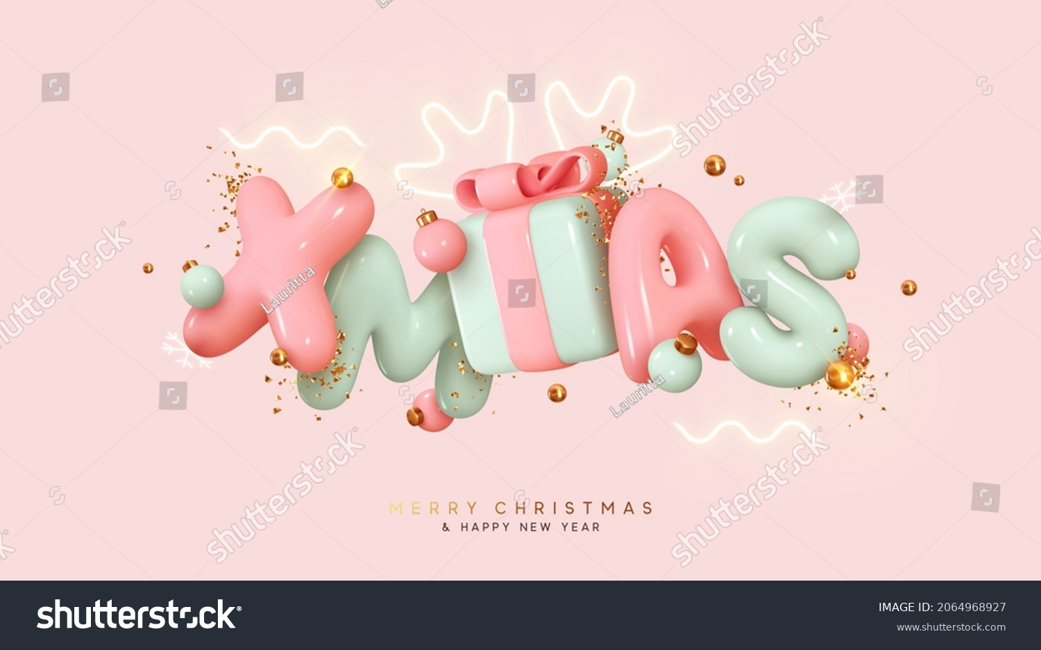 Holiday Xmas gift box blue and pink soft pastel colors. Festive background Merry Christmas and Happy New Year. Realistic 3d text design  present surprise  golden bauble balls and falling gold confetti