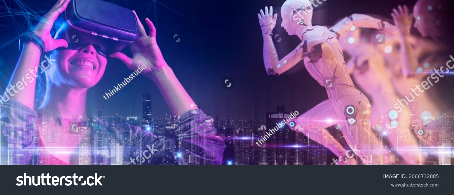 Future digital technology metaverse game and entertainment Teenager having fun play VR virtual reality avatar sport game 3D robot in cyber space metaverse futuristic neon colorful background