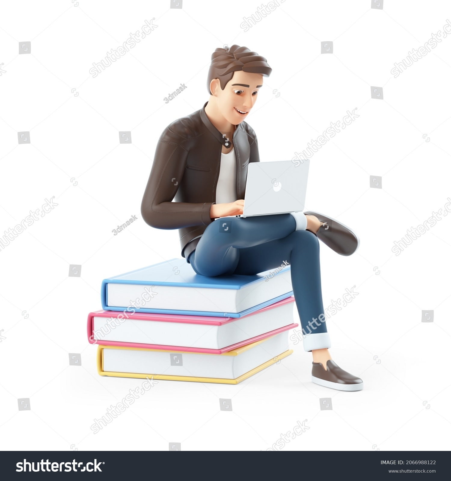 3d cartoon man sitting on books with laptop  illustration isolated on white background