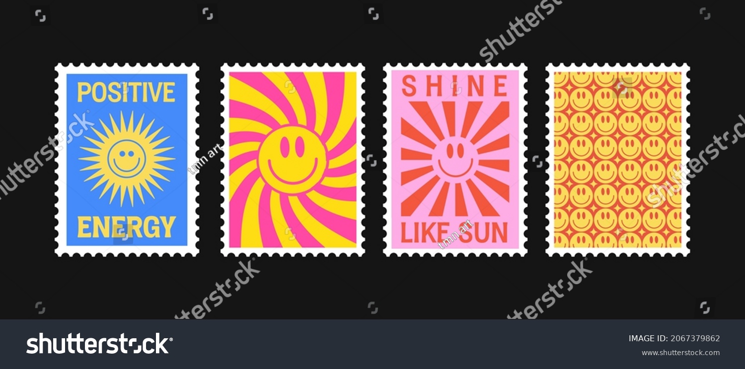 Positive Energy And Sun Shine Retro Postage Stamps Vector Design. Cool Trendy Patches Collection. Hippie Print Illustration.