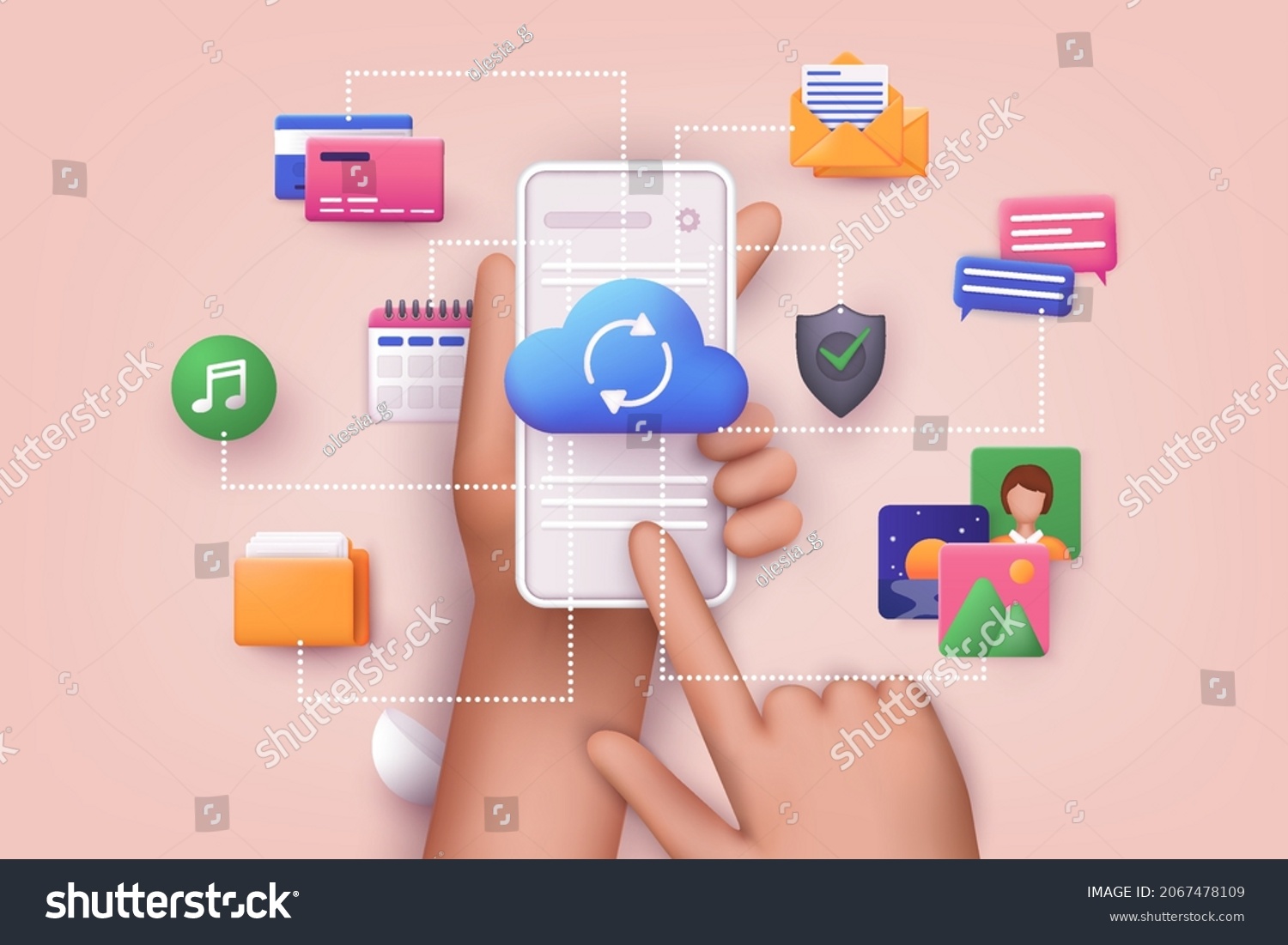 Cloud computing upload and download data online service with mobile phone. Polygonal wireframe cloud storage sign. 3D Web Vector Illustrations.