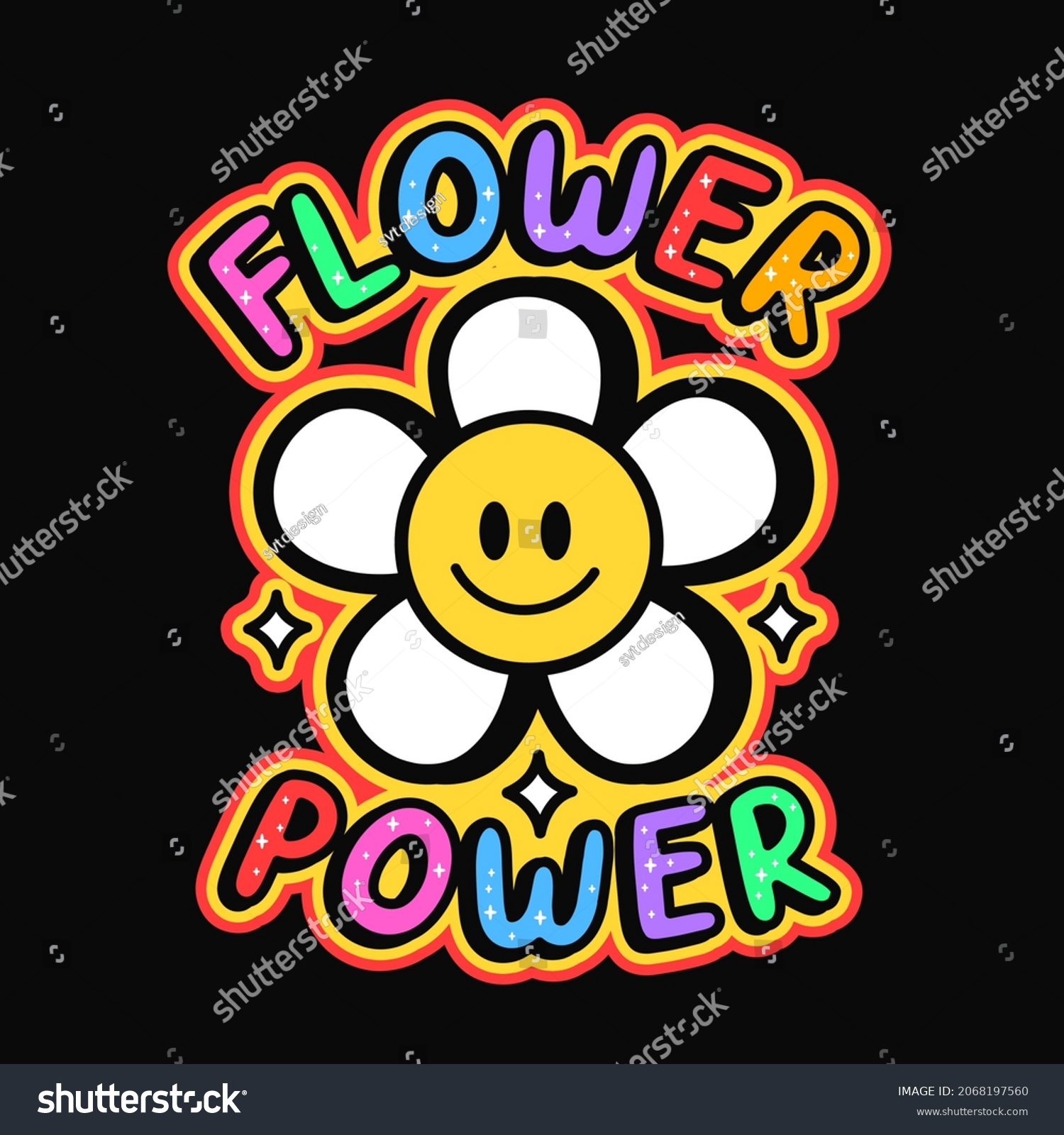 Smile emoji face in flower t-shirt print design.Flower power slogan.Vector hand drawn trendy cartoon logo illustration.Hippie smile face 60s 70s groovy fashion print for t-shirt poster concept