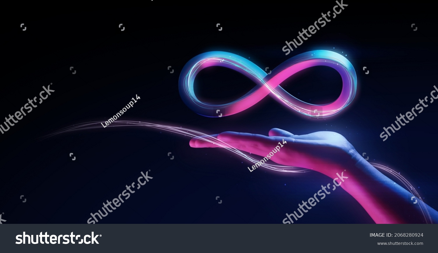 Hand holding virtual reality infinity symbol community connection of metaverse world global network technology system and abstract loop sign element on innovation digital communication 3d background.