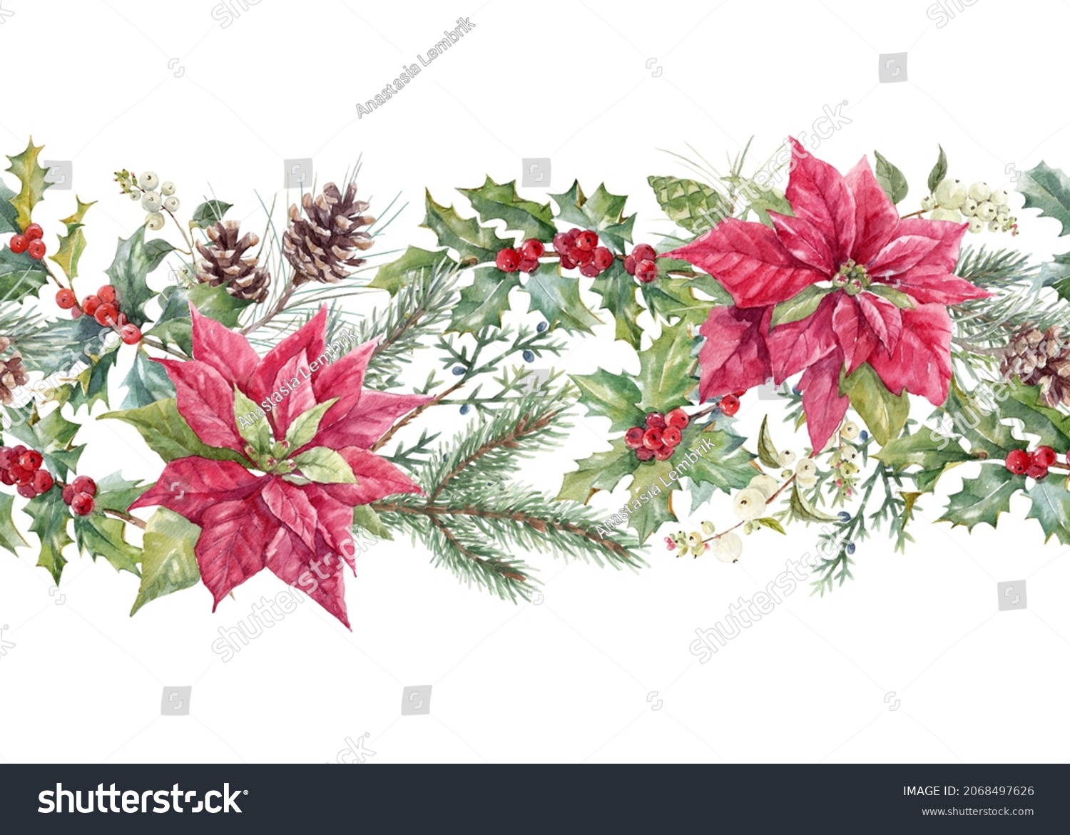 Beautiful horizontal floral christmas seamless pattern with hand drawn ...