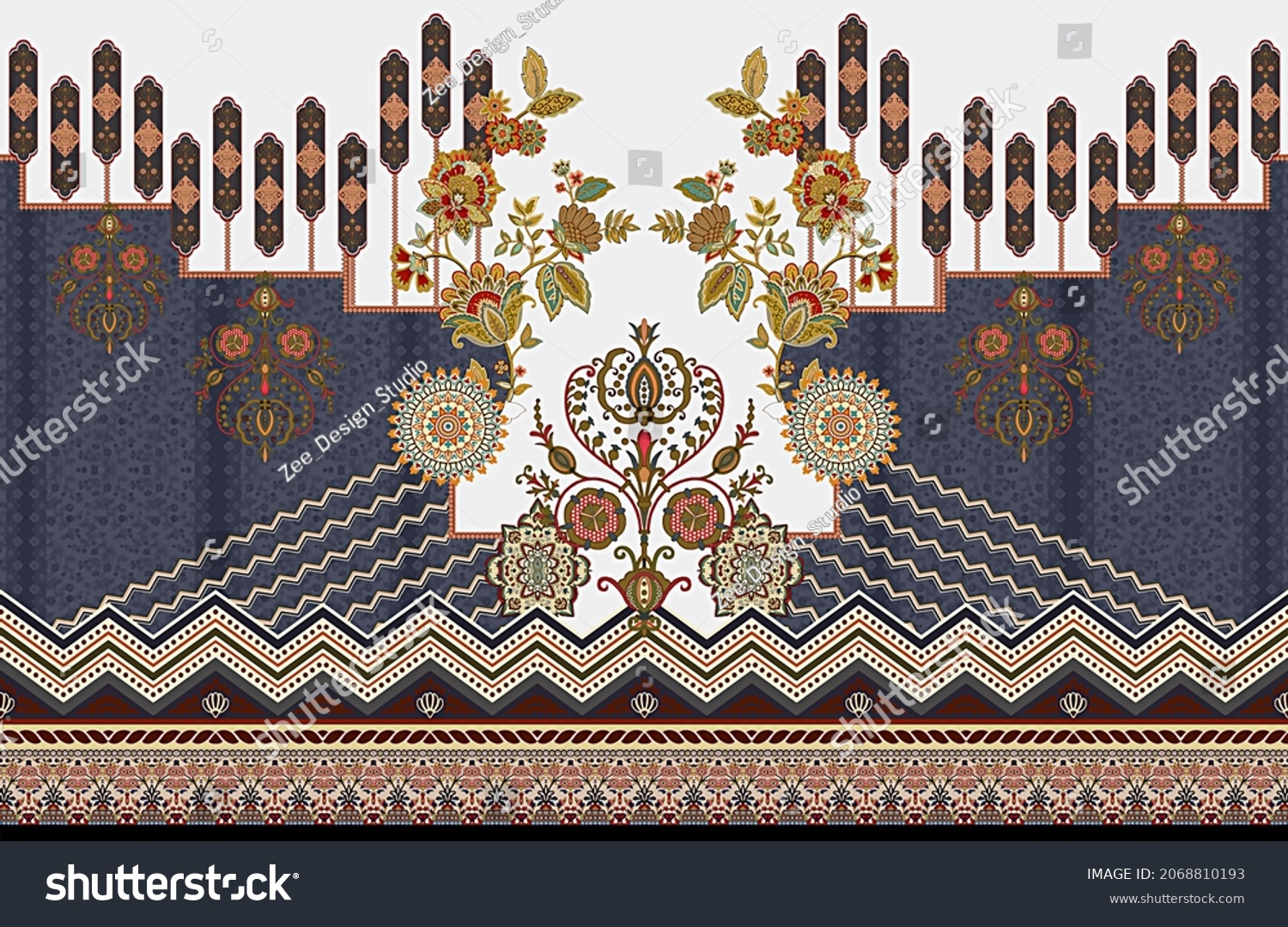 Digital Textile ethnic Shirt Border Design Composition Bunch to create shirt designs Iranian traditional motif scarf Indian pattern design seamless horizontal border with circle ready for print