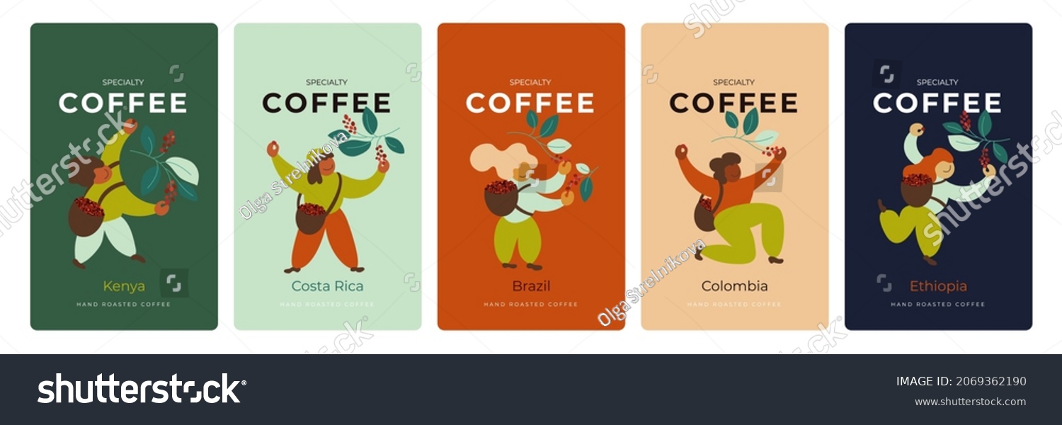 Coffee package design set. Label collection  template for brand packaging hand roasted coffee beans. Vector illustration of happy pickers harvest red berries. Ethiopia  Colombia blend for cappuccino