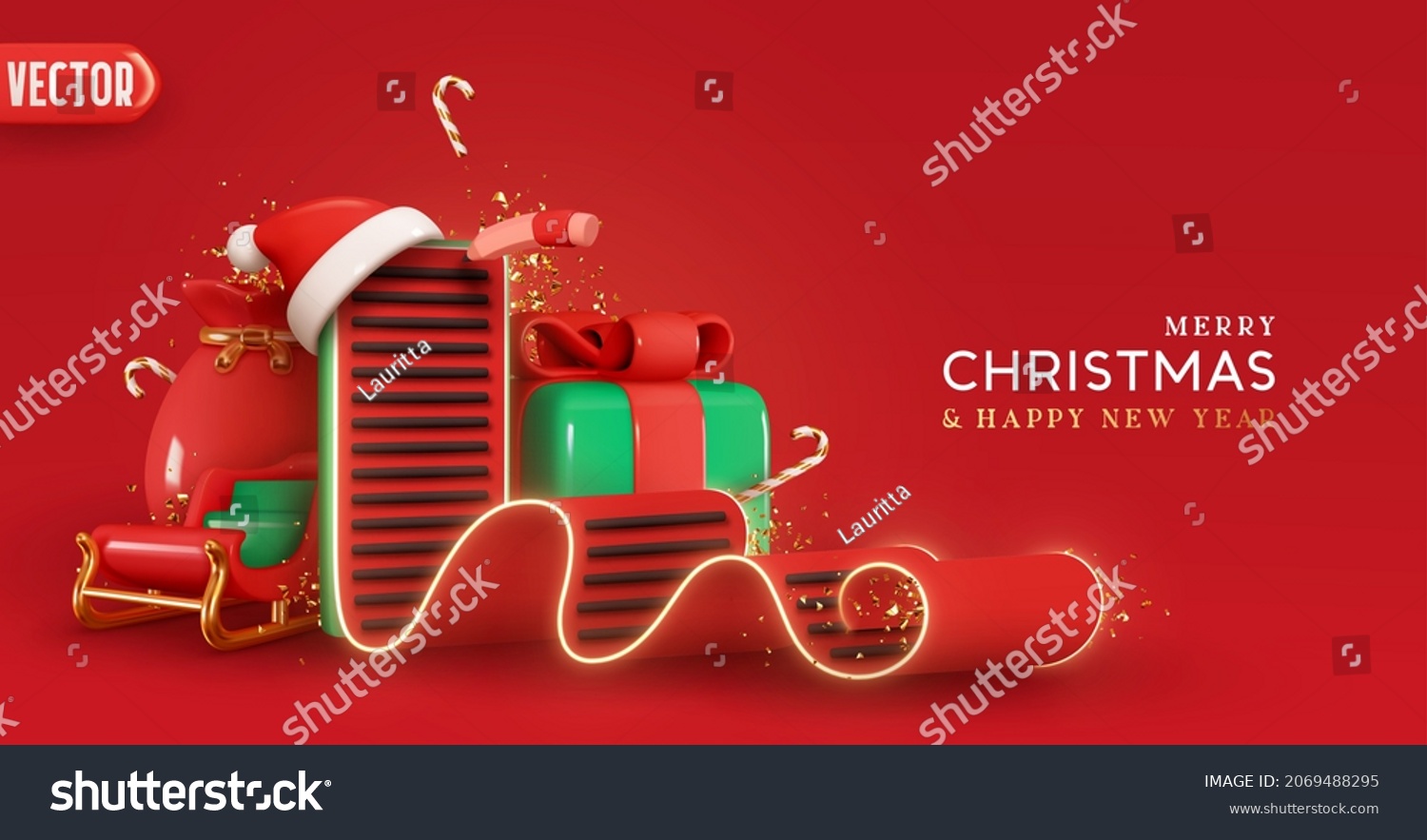 Christmas red background. Realistic 3d design Xmas elements. Green Gift box  winter sleigh  gift bag and present. Creative festive composition  Letter to Santa Claus. Happy New year banner  web poster