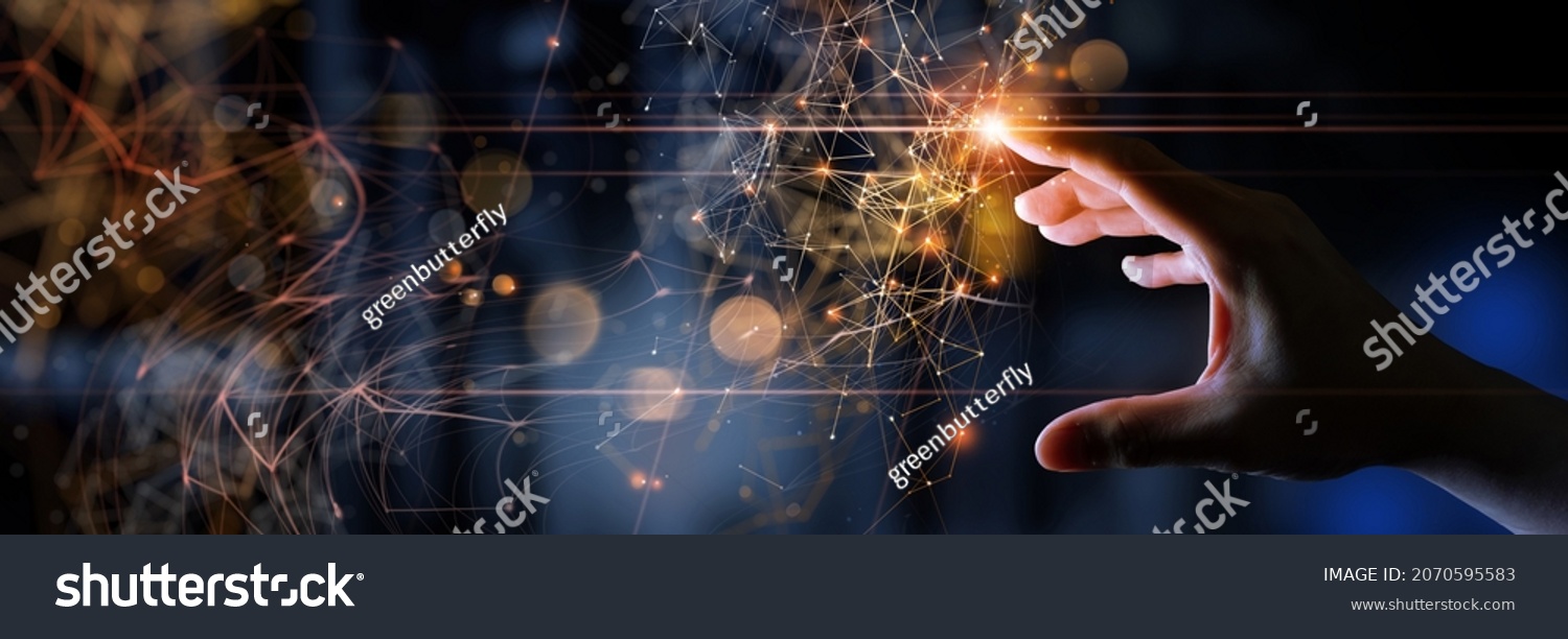 Woman hand touching The metaverse universe Digital transformation conceptual for next generation technology era.