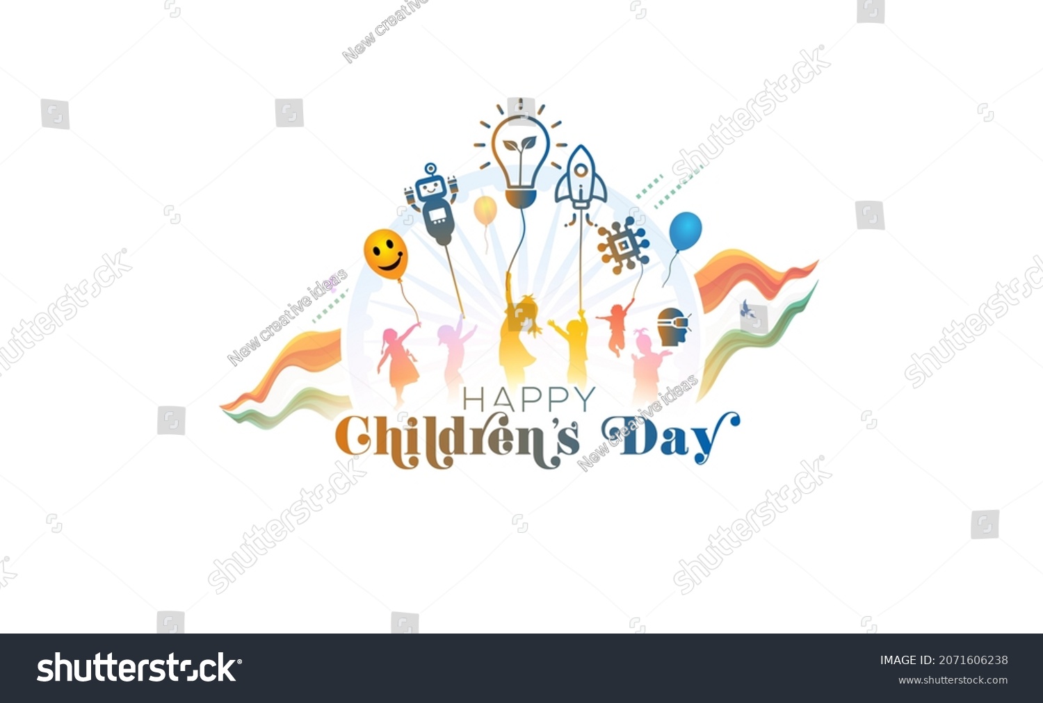 childrens day creative. India world international celebration on 14th november kids with futuristic think thought modern innovation technology and teacher