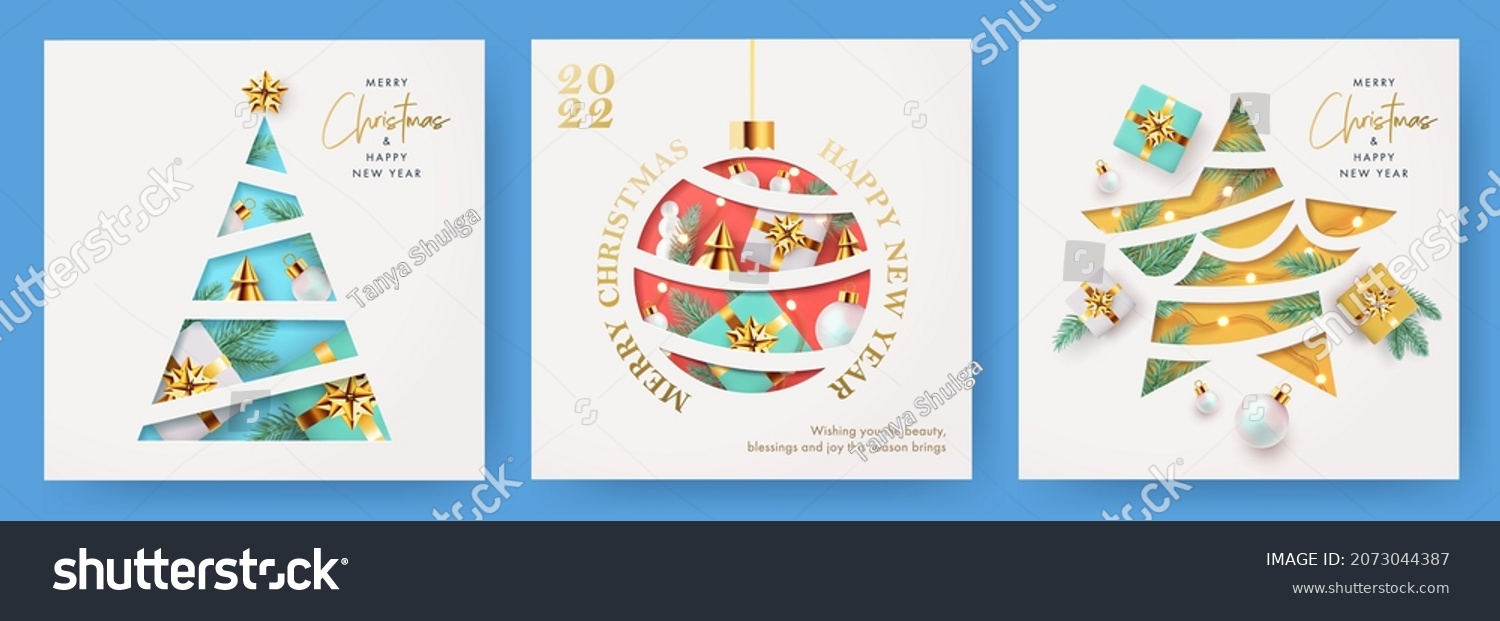 圣诞节现代设计设置为剪纸样式 带有圣诞树 球 星金蓝色和白色礼物 松树树枝和白色背景的灯光。圣诞贺卡 海报 假日封面或横幅