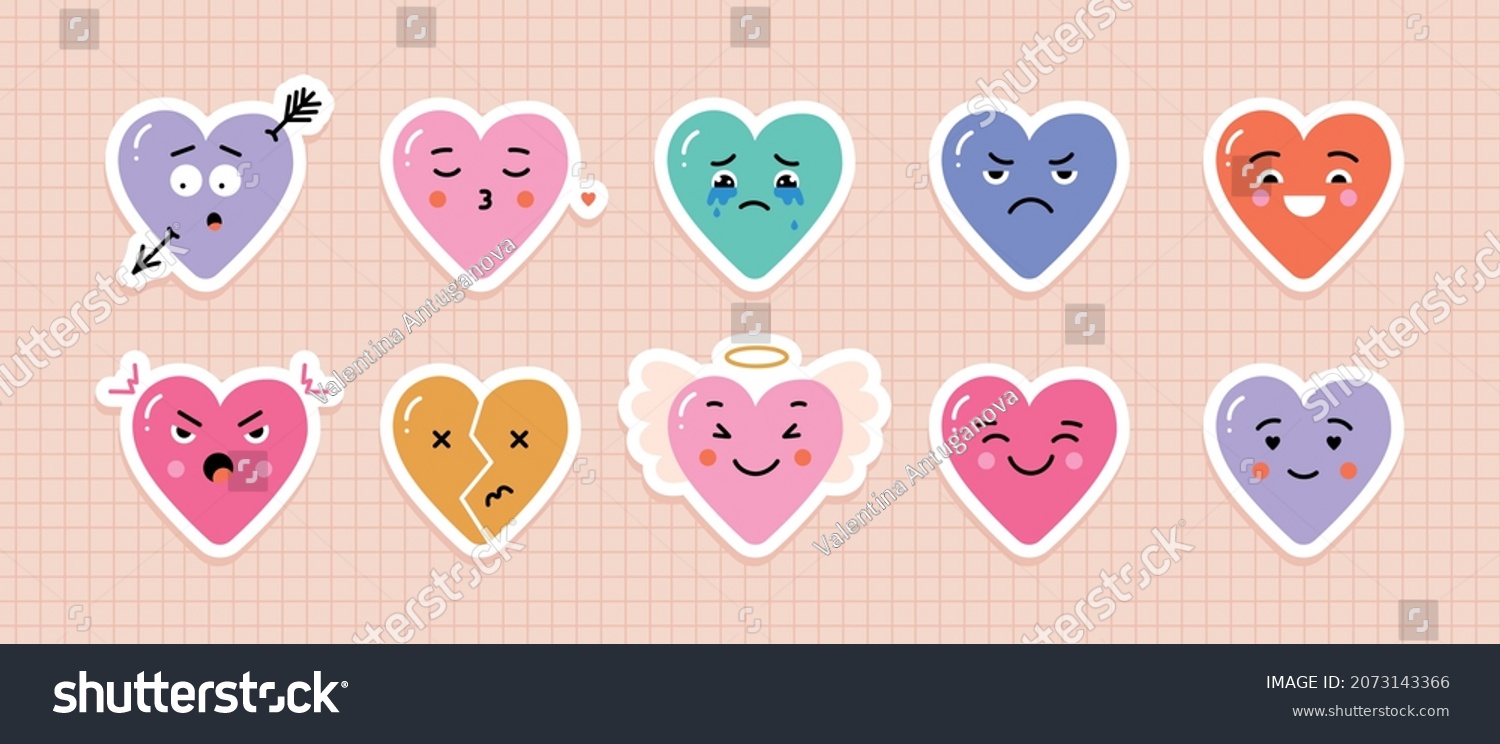 Vector hearts stickers with different face emotions. Cute cartoon characters for valentines day. Collection of comic elements in trendy cartoon style.