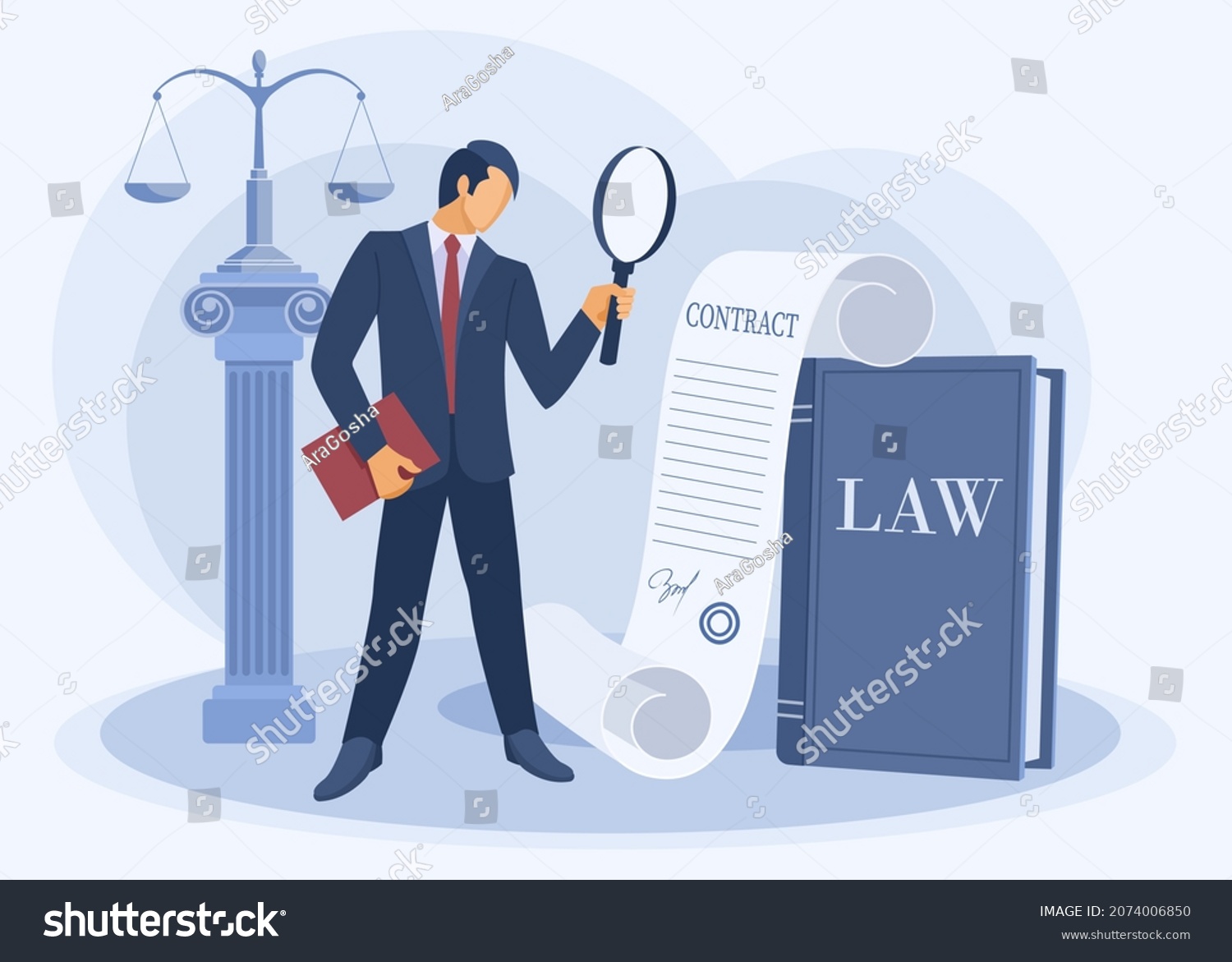 Male businessman lawyer in a suit with a magnifying glass in his hand examines the document contract. The concept of legal services and the work of an assistant consultant for business. Vector flat.
