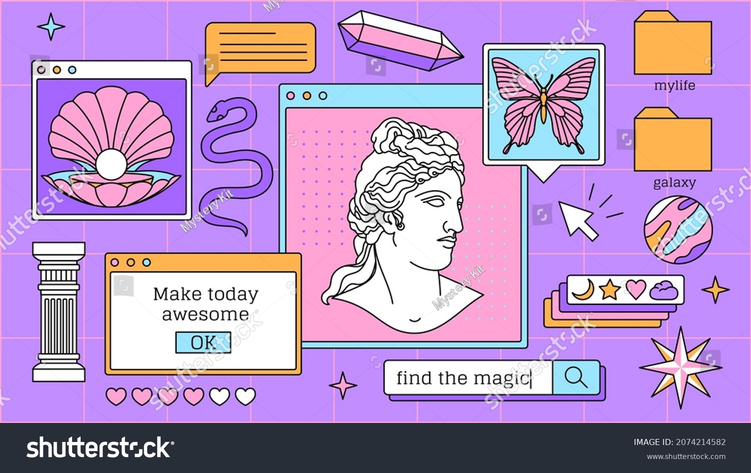 Abstract old aesthetic groovy background. Linear vaporwave retro desktop wallpaper. Modern vintage comics illustrations. Trendy  nostalgic  colorful style 70s  80s  90s. Posters  social media posts.