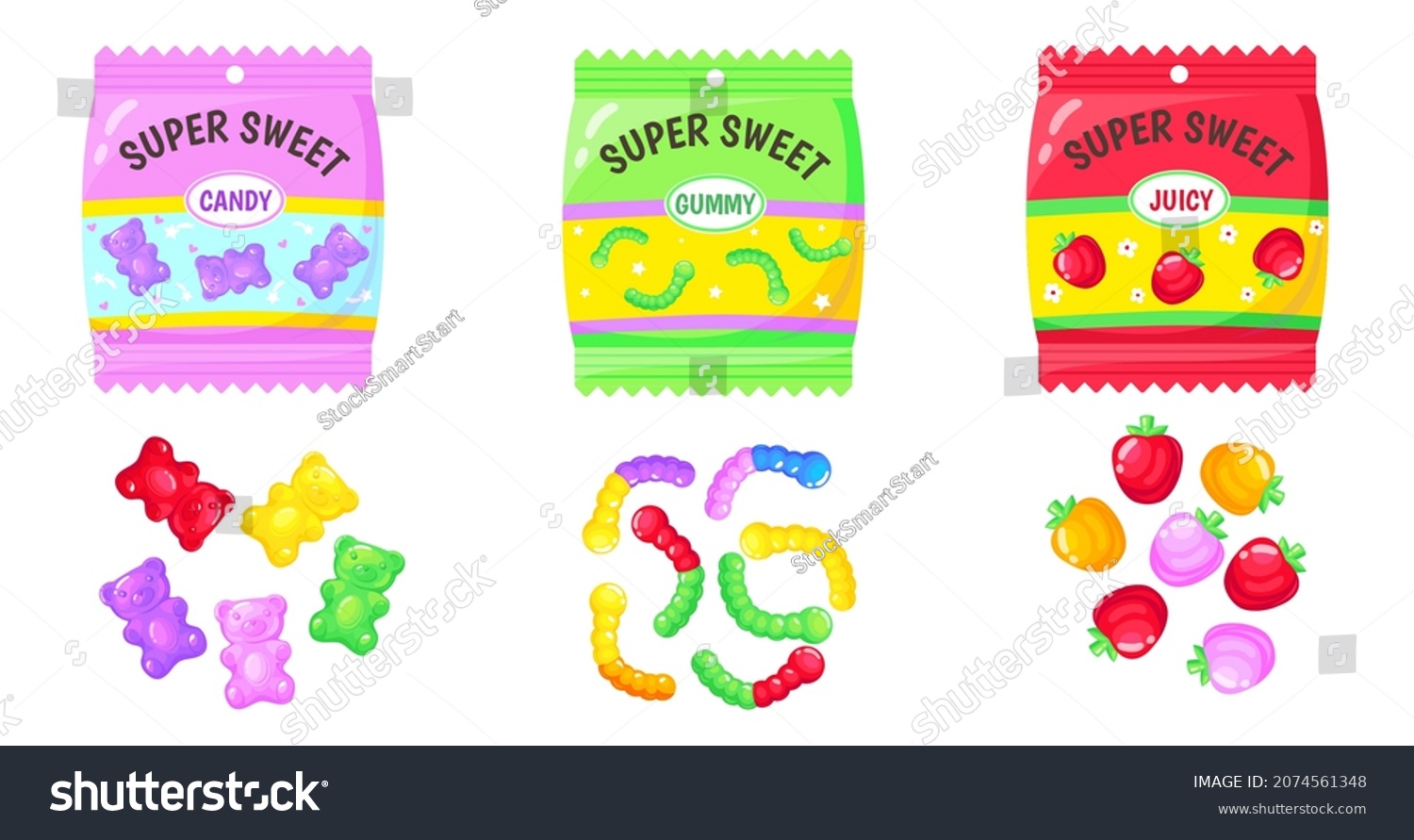 Jelly bears pack. Mix of gummy candies  marmalade colorful sweets for kids  sugar food  neat cartoon abstract vector. Illustration of candy and gummy  jelly food