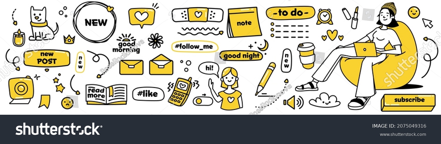 Modern doodle stickers for social media. Vector collection. Cutest patch set. Sketch cute icons in yellow and black colours on white background.