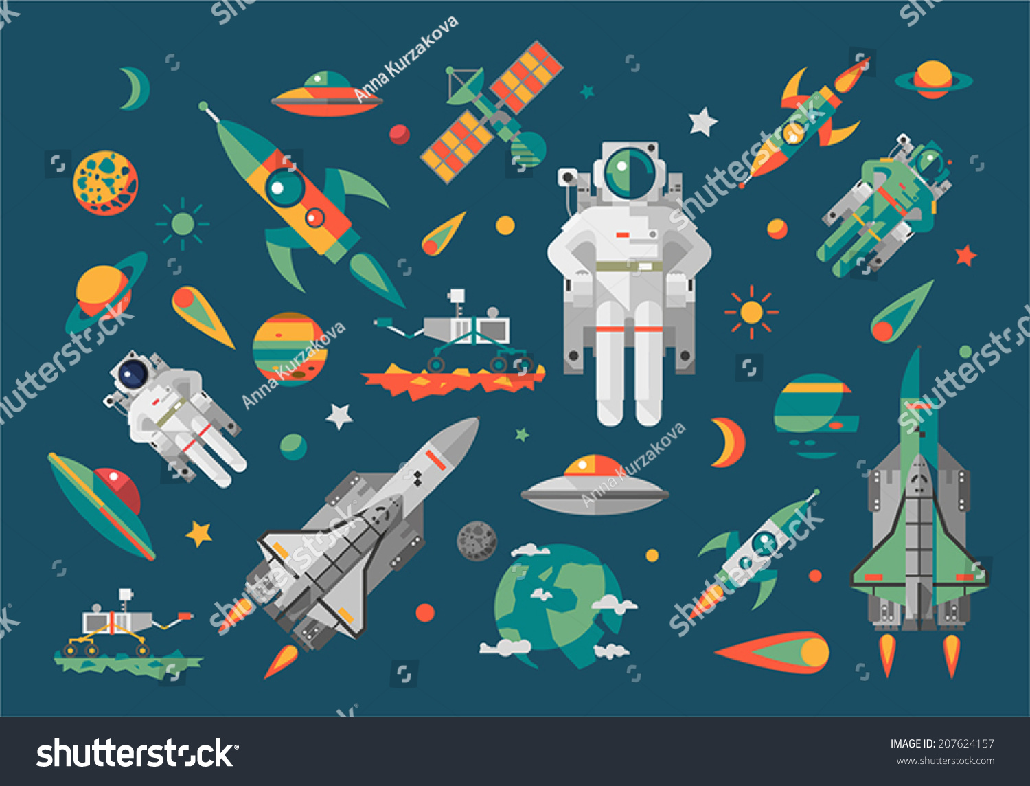 Vector illustration set on space. Flat.