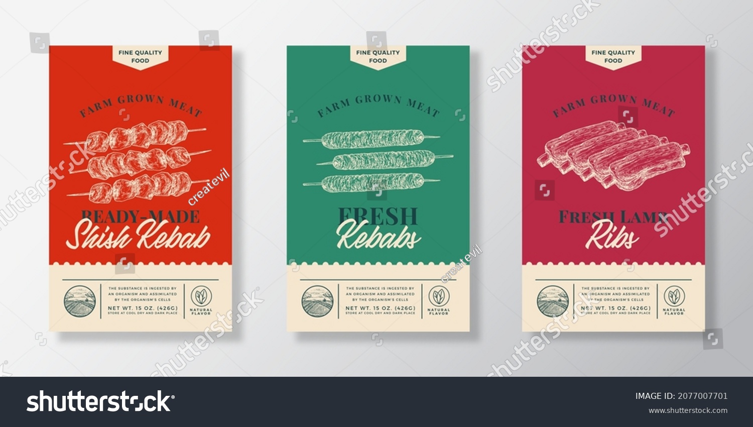 Meat Abstract Vector Packaging Labels Design Set. Modern Typography Banner  Hand Drawn Kebab  Shish Kebab and Lambs Ribs Sketch Silhouettes. Color Paper Background Layouts Collection Isolated.