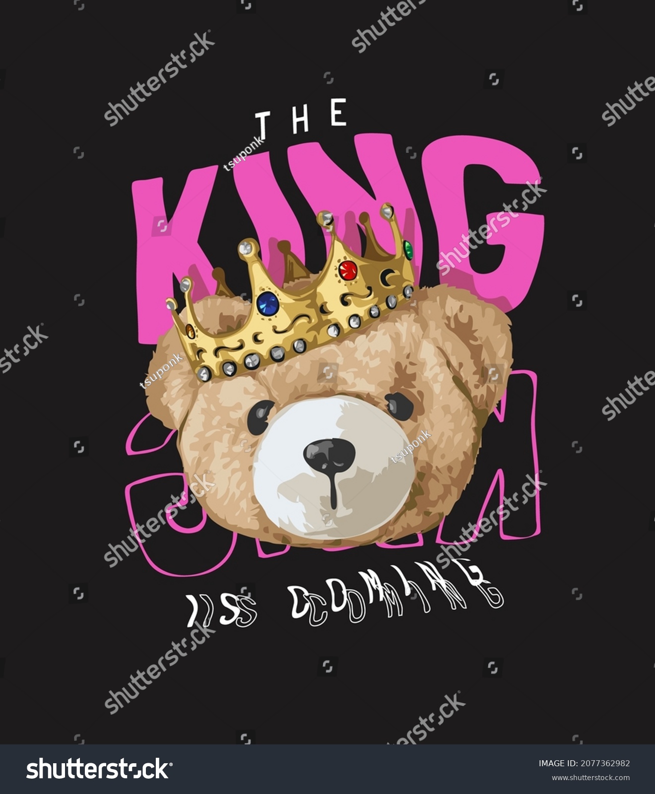 the king slogan with bear doll head in golden crown vector illustration on black background