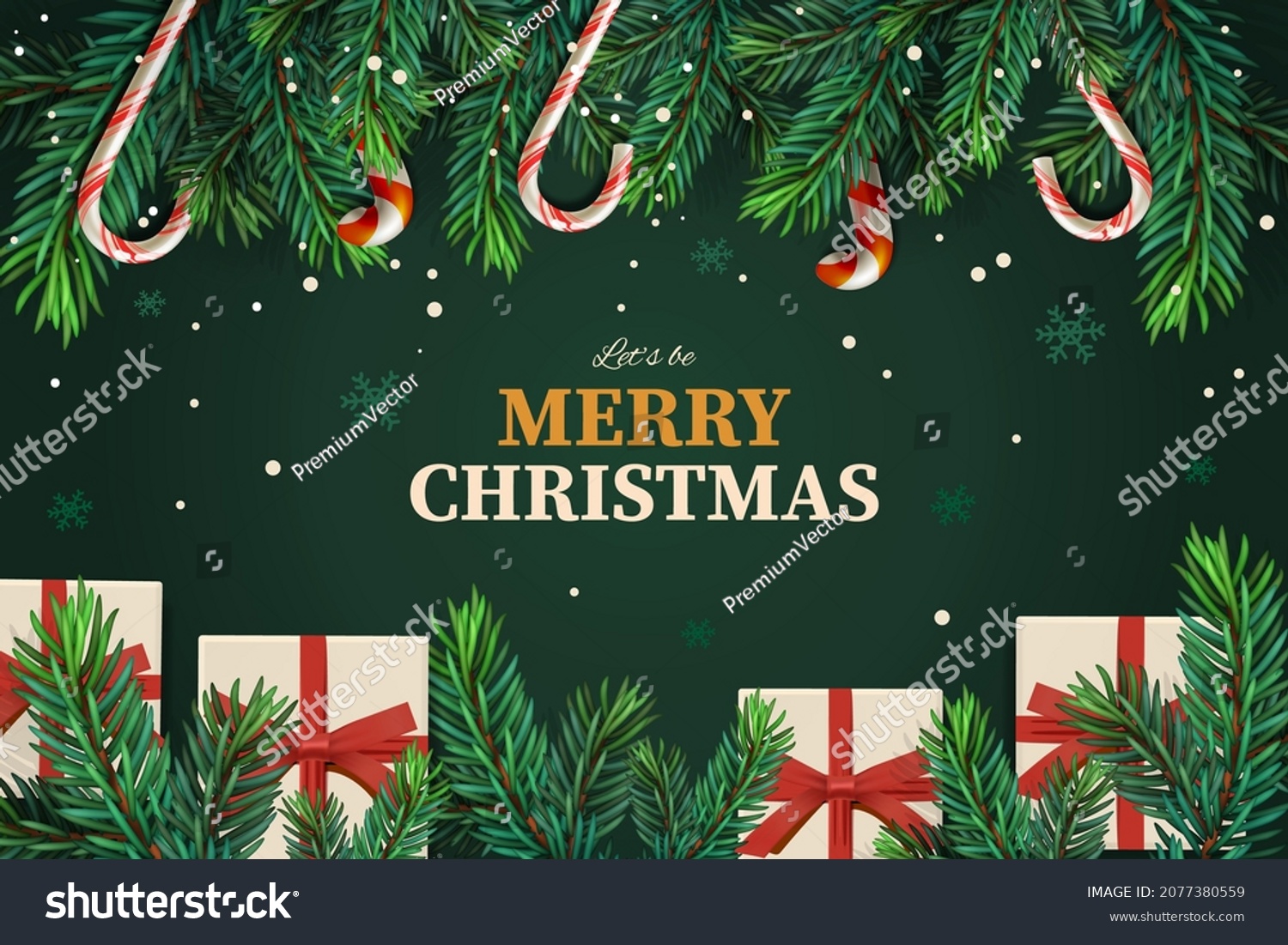 Merry Christmas banner  Xmas Party. Spruce branch with hanging lollipops and gift boxes. Vector illustration