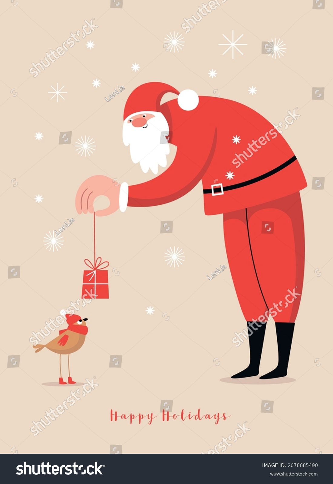 Christmas illustration. Santa gives a gift to little bird