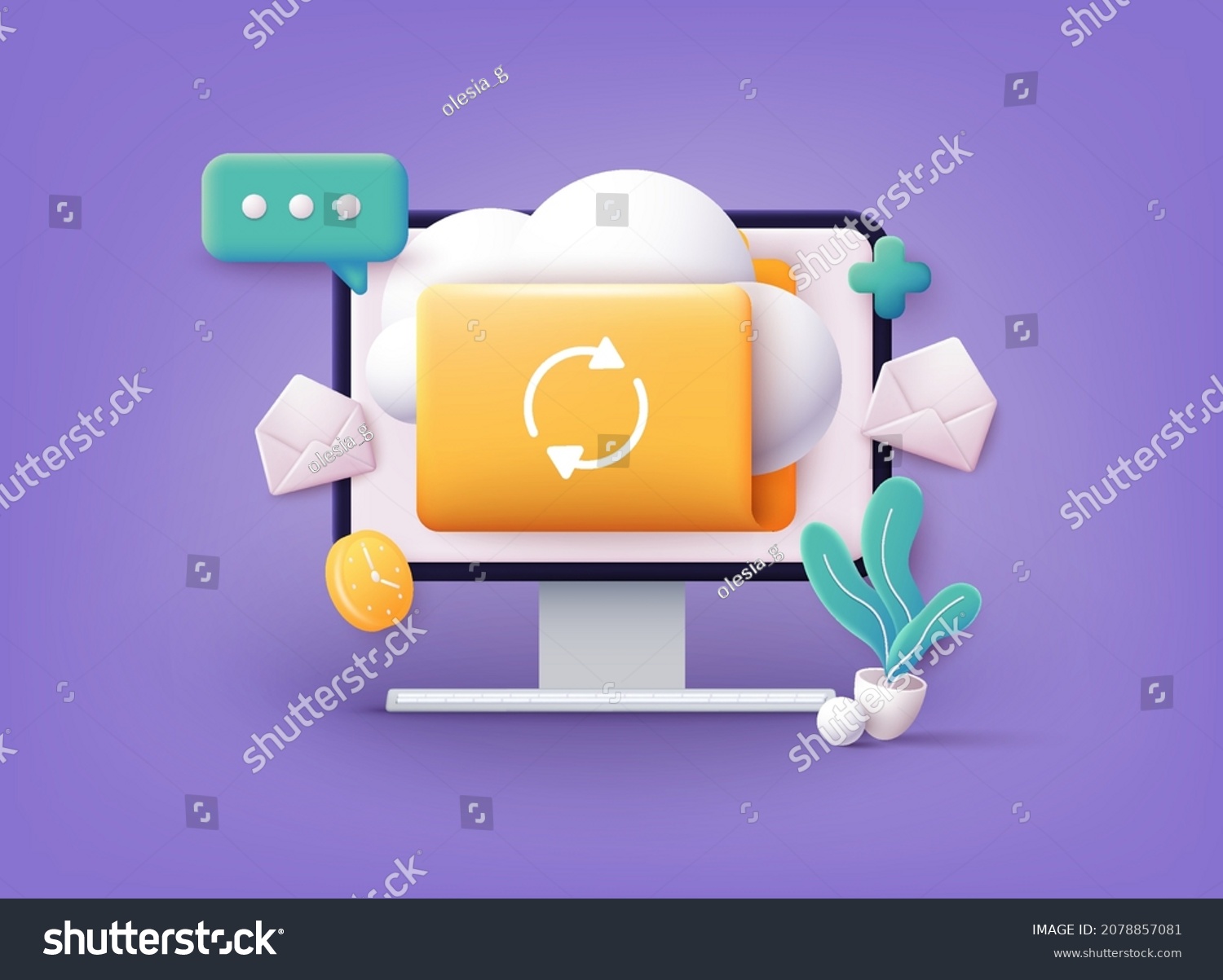 Cloud storage icon. Digital file organization service or app with data transfering. 3D Web Vector Illustrations.