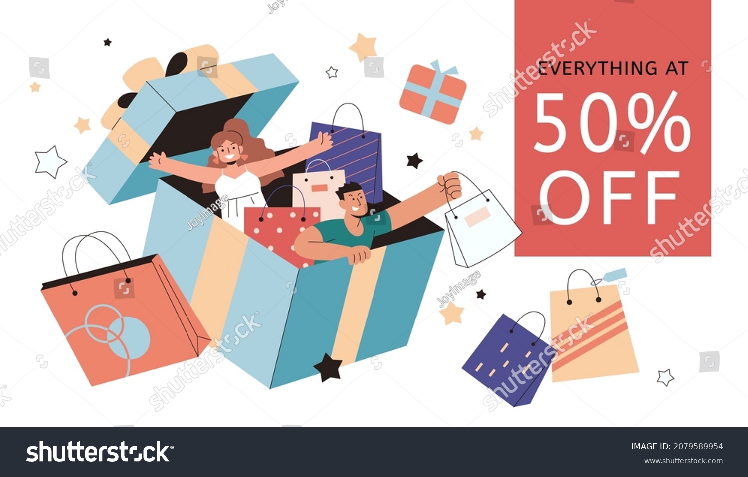 Great discount sale banner in flat style illustration. Boy and girl coming out of a large gift box with shopping bags floating around